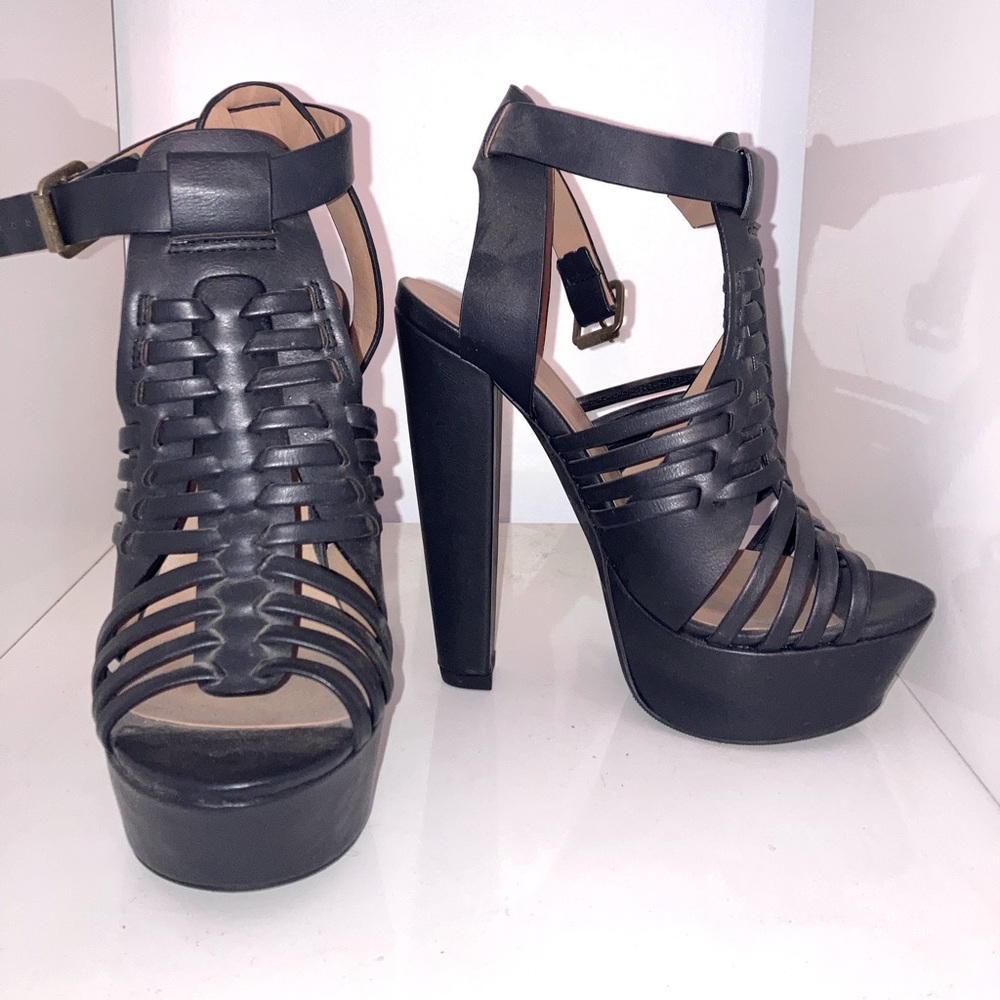 Miss Lola Black caged bootie heels